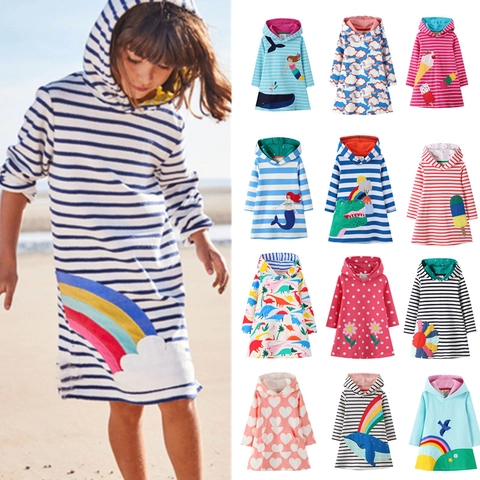 Girls Cotton Hooded Long Sleeve Dress Striped Cartoon Applique Embroidery Cartoon Animal Pattern Toddler Casual Clothing