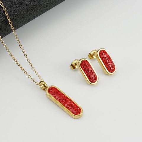 Stainless Steel Geometric Rectangular Pendant Necklace And Stud Earrings Encrusted With Rhinestones Luxury Fashion Jewelry For Women