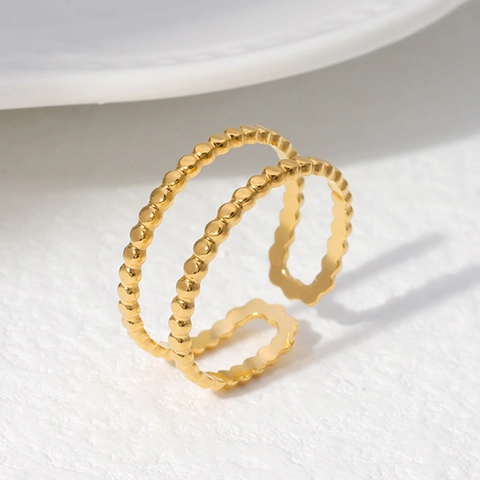 Double Layer Bead Textured Open Ring Stainless Steel Adjustable Two Row Ball Minimalist Fashion Jewelry For Women