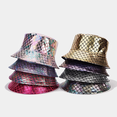 Bucket Hat PU Leather Metallic Fish Scale Pattern Holographic Iridescent Fashion Summer Sun Protection Outdoor Unisex