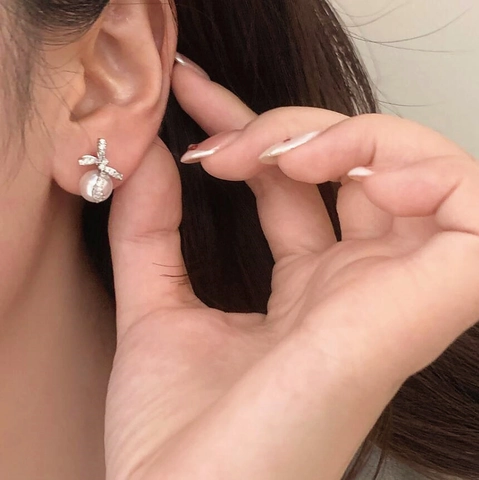 Strik Oorknopjes Met 925 Sterling Zilveren Oorsteker Zirkoon Namaakparel Elegante Koreaanse Stijl Sieraden Voor Vrouwen