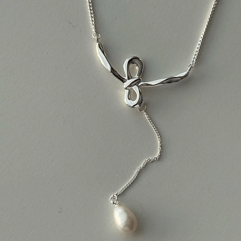 925 Sterling Silver Bow Knot Necklace With Droplet Freshwater Pearl Elegant Clavicle Chain For Women Ins Style Jewelry
