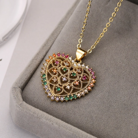 Tree Of Life Heart Pendant Necklace Gold Plated Copper Colorful Zircon Hollow Out Jewelry For Women
