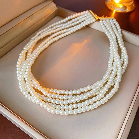 Collana Di Künstliche Perle Multistrato Da Donna Francese Vintage Elegante Choker Con Catena In Lega Regolabile
