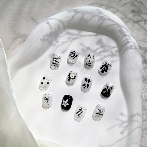 Pegatinas Uñas Navidad Relieve 3D Estampado Plata Blanco Negro Muñeco Nieve Perro Lazo Estrella Decoración Manicura