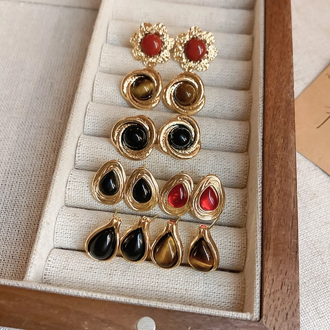 Orecchini A Lobo Goccia Rame Imitazione Occhio Di Tigre Agata Geometrico Retro Stile Francese Per Donne Con Perno In Argento