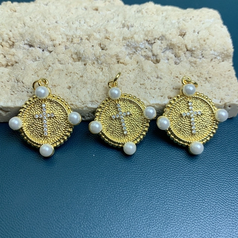 Ciondolo Croce Con Strass E Künstliche Perle Sintetiche Rame Placcato Oro 18K Accessorio Per Creazione Di Gioielli Fai Da Te Vintage