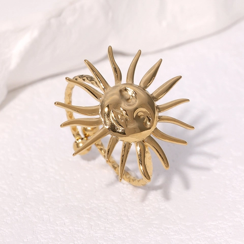 Sonne Gesicht Mond Himmlisch Edelstahl Offener Ring 18K Gold Vergoldet Vintage Relief Verstellbarer Schmuck Für Damen