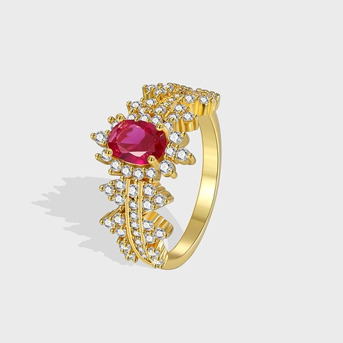Bague Vintage Élégante En Cuivre Plaqué Or Avec Zircon Rouge Pierre Ovale Design De Luxe Pour Femme