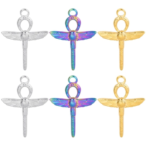 Vintage Stainless Steel Egyptian Ankh Scarab Pendant Necklace For Women Wing Design Retro Jewelry Daily Party Gift
