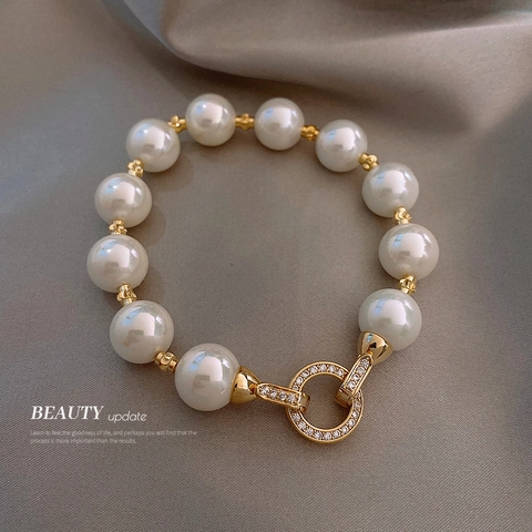 Elegant Artificial Pearl Bracelet For Women With Real Gold Plated Alloy Zircon Paved Round Clasp Fashion Jewelry