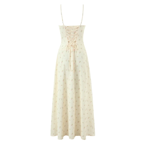 Robe Maxi Fleurie Femme Polyester Bretelles Spaghetti Col En V Dos Nu À Lacets Rétro Français Été Robe De Plage