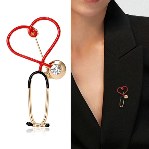 Spilla Stetoscopio Cuore Lega Smalto Strass Medico Infermiera Dottore Gioielli Regalo Accessorio Moda