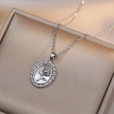 Vintage Roos Hanger Ketting Titanium Staal Met Zoetwaterparelmoer En Zoetwaterparel Franse Stijl Voor Dames
