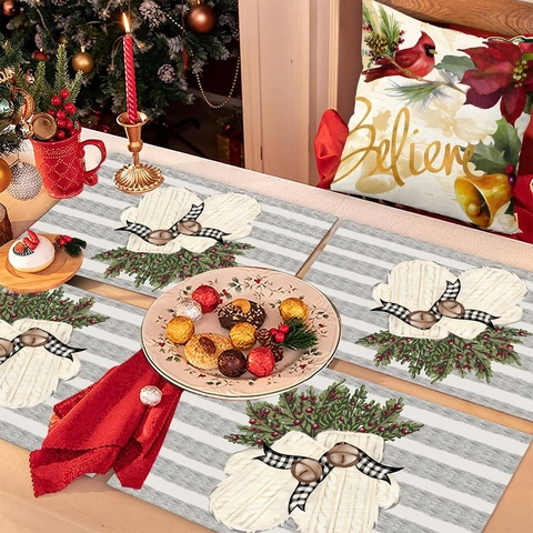 Sets De Table Noël Polyester Résistant À La Chaleur Lavable Gants D'hiver Rayé Aquarelle Décor De Table Fête