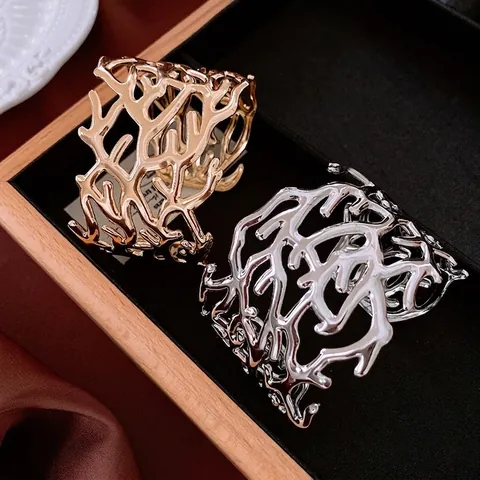 Coral Branch Hollow Out Wide Cuff Bangle Iron Metal Open Adjustable Minimalist Artistic Jewelry For Women