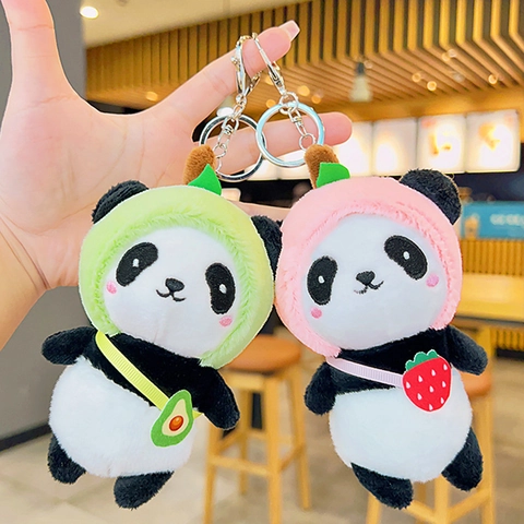 Mignon Panda Peluche Porte-Clés Doux Dessin Animé Fruit Panda Pendentif Avec Anneau Métal Pour Sac Fraise Avocat Design