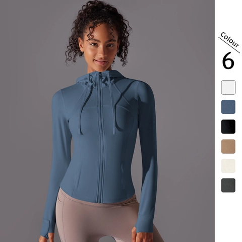 Veste De Yoga Pour Femmes Fermeture Éclair Capuche Coupe Slim Hoodie De Course Trous Pour Pouces Nylon Spandex Respirant