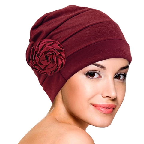 Damen Plissierter Turban Hut Mit Großer Blume Polyester Kopftuch Für Haarausfall Eleganter Chemo Hut Schlafmütze