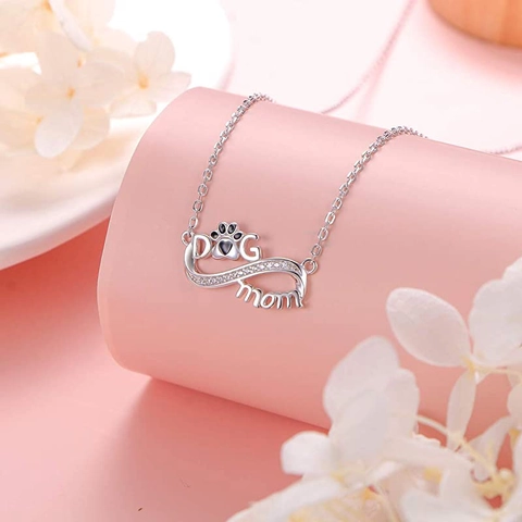 Collana Infinity Dog Mom in Argento Sterling 925 per Donna Ciondolo Cuore con Impronta di Zampa con Catena Gioielli Regalo