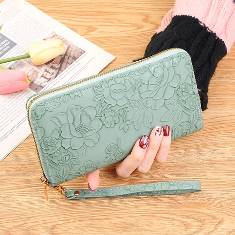 Portefeuille Long Femme Fermeture Éclair Pochette Cuir PU Motif Floral Gaufré Grande Capacité Porte Téléphone Avec Dragonne