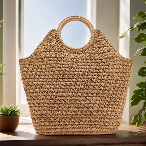 Handgefertigte Papierstroh Gewebte Handtasche Große Kapazität Runder Griff Sommer Strand Urlaub Schicke Tasche Für Frauen