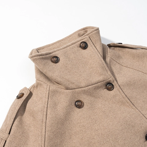 Dames Retro Opstaande Kraag Double-breasted Kameel Wollen Jas Vintage Epauletten Street Style Korte Jas