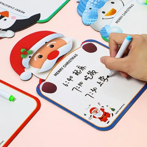 Christmas Cartoon Erasable Cardboard Whiteboard With Marker Pen And Lanyard Santa Snowman Holiday Message Board
