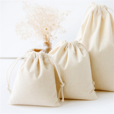 Sac à Cordon en Coton Naturel pour Emballage Cadeau Rangement Bijoux Maquillage Voyage Organisateur Minimaliste Couleur Unie