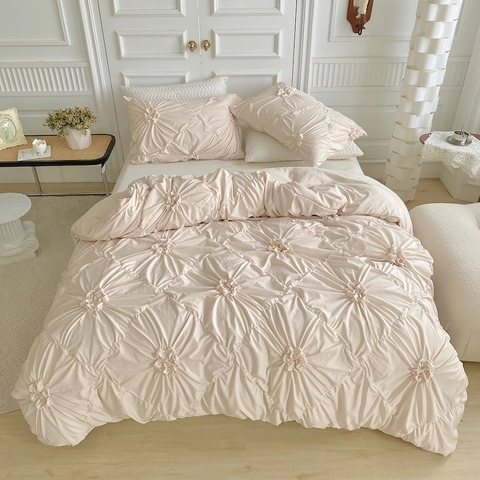 Pintuck Duvet Cover And Pillowcases French Style 3D Pleated Flower Textured Microfiber Bedding Solid Color