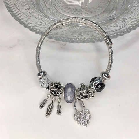 Stainless Steel Bangle Bracelet Heart Lock Dreamcatcher Pumpkin Carriage Alloy Charm Rhinestone Beads Bohemian Jewelry For Women