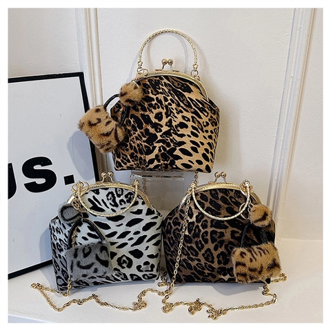 Leopard Print Plush Evening Bag Kiss Lock Shell Handbag Gold Metal Handle Chain Strap Furry Ball Charm Retro Fashion