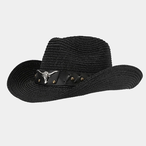 Western Cowboy Hat Straw Woven Wide Brim Sunshade Metallic With Leather Band Bull Head Metal Decor Retro Style