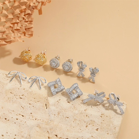 French Vintage Copper Zirconia Bow Stud Earrings For Women Individual Fashion Geometric Square Flower Earrings Jewelry Gift