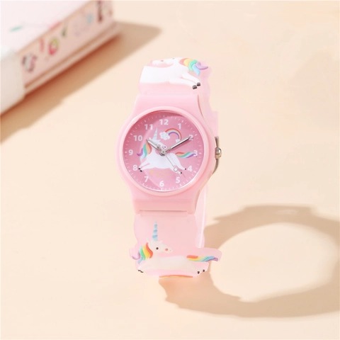 Kids Analog Quartz Watch 3D Cartoon Unicorn Rainbow Pattern Silicone Strap Student Learning Timepiece Plastic Case Toy