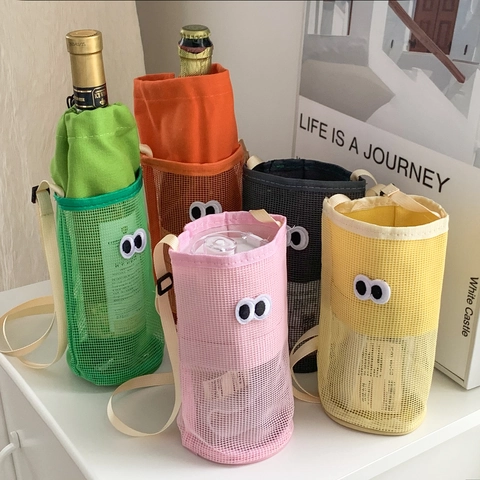 Cartoon Big Eyes Water Bottle Carrier Bag Mesh Crossbody Bottle Holder With Adjustable Strap For Travel Outdoor