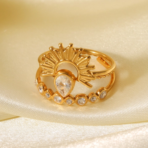 Sunburst Heart Clover Rings Stainless Steel 18K Gold Plated Zircon Stacking Jewelry For Women Elegant Fashion