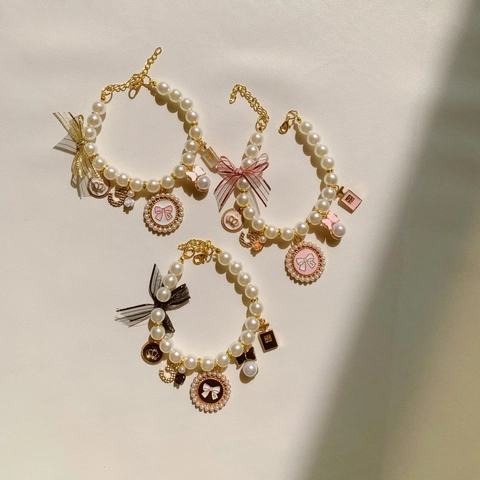 Elegant Faux Artificial Pearl Pet Necklace With Alloy Crown Charms And Ribbon Bow Adjustable Jewelry For Dogs Cats
