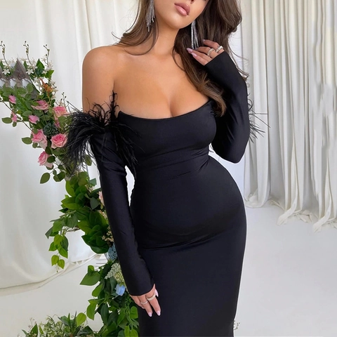 Off Shoulder Feather Trim Bodycon Maxi Dress Long Sleeve Sexy Elegant Party Evening Clubwear Solid Color For Women