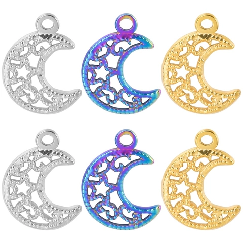 Collana con Ciondolo a Forma di Luna e Stella in Acciaio Inossidabile Vintage Francese per Donna Girocollo Iridescente Placcato Oro Argento