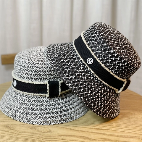 Women Straw Bucket Hat French Style Elegant Sun Hat With Faux Artificial Pearl Ribbon And Letter M Buckle Breathable Summer Travel