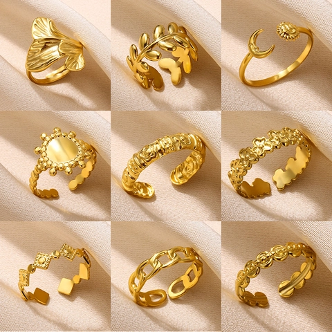 Anelli Aperti Regolabili In Acciaio Inossidabile Placcato Oro Minimalista Geometrico Sole Luna Foglia Catena Gioielli Moda Donna