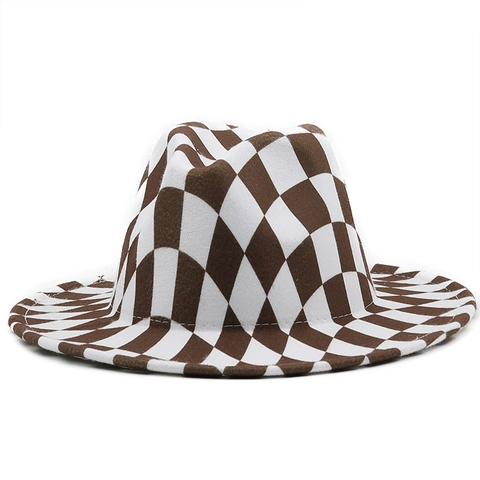 Schaakbord Geruite Fedora Hoed Brede Rand Vintage Jazz Pet Katoen Polyester Voor Dames Heren Mode Accessoires