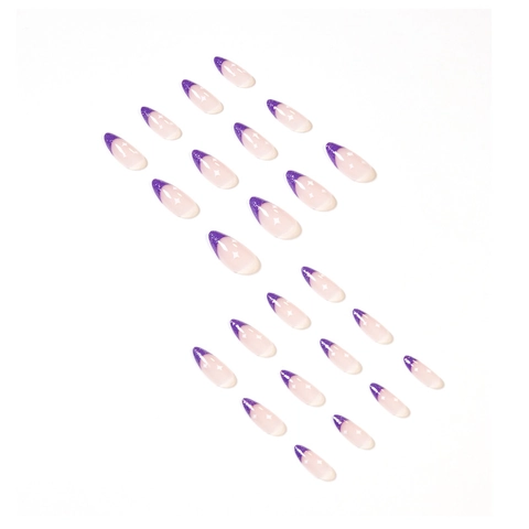 Faux Ongles French Paillettes Violettes Forme Amande Motif Étoile Blanche Base Nude Manucure Élégante Pour Femmes