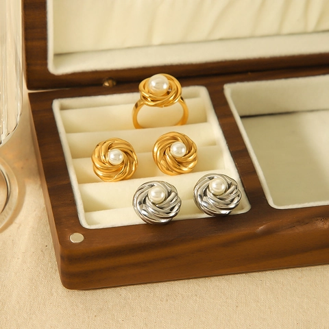 Elegant Swirl Flower Stud Earrings And Artificial Pearl Ring Stainless Steel Vintage French Style Jewelry For Women Non Fading