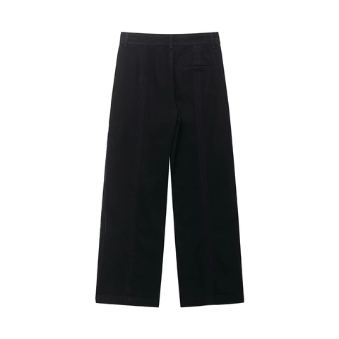 Damen Schwarz Hohe Taille Gerade Hose Mit Seitlichen Metallketten Fransen Mode Lässiger Rock Stil Polyester