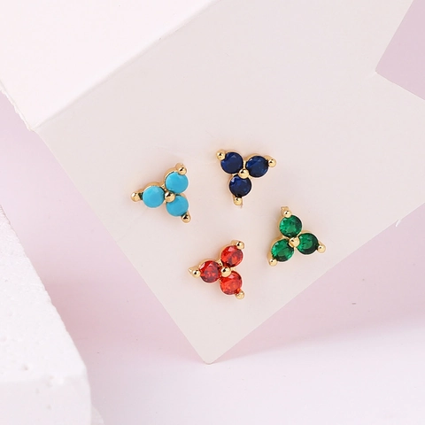 Clover Stud Earrings Brass Gold Plated Colorful Zircon Three Stone Cluster Minimalist Elegant Jewelry For Women