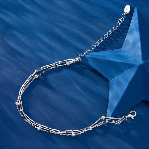 S925 Sterling Silver Double Layer Bracelet For Women Minimalist 14K Gold Plated Paperclip And Bead Chain Adjustable Bracelet