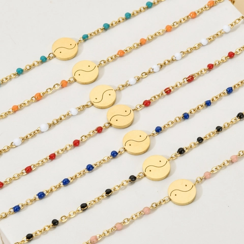 Bracciale Yin Yang In Acciaio Inossidabile Placcato Oro Perline Smaltate Bohemien Pendente Tai Chi Gioielli Regolabili Donna