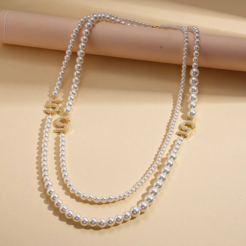 Collier Long Multirang En Künstliche Perles Imitation Avec Pendentif Chiffre Cinq Strass Chaîne De Pull Élégante Femmes